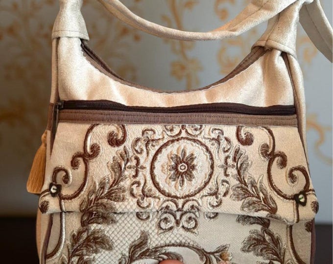 Victorian Style Unique Handmade Ivory Crossbody Shoulder Bag, 3D Floral Pattern Fabric, Personalize Birthday Gift Women, Best gift idea