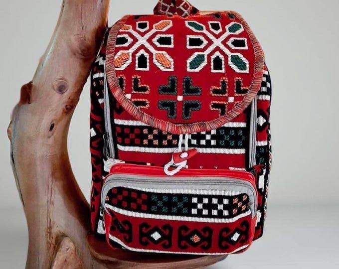 Red Woven Rug Backpack, Casual Sport Adjustable Bag, Carry-All Size Large Rucksack, Personalized Gift Boho Women, Weekend Backpack Walking