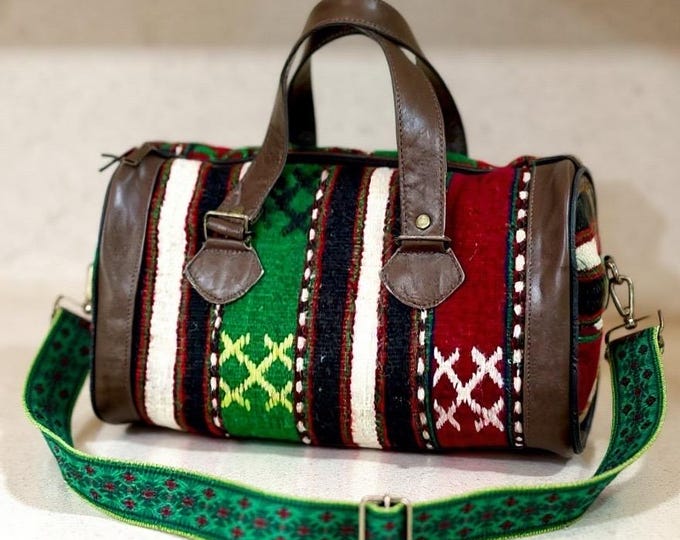 Handmade Kilim Duffel Bag – Wool Rug & Genuine Leather Travel Bag with Guitar Strap, Boho Gym Tote, Personalized Gift for Women