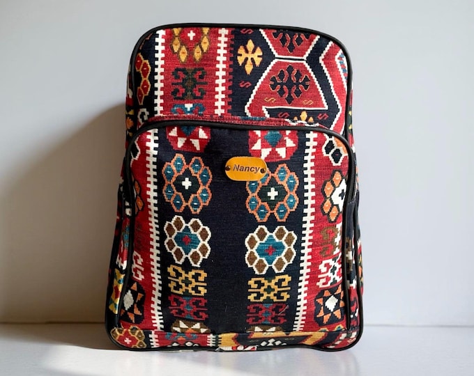 Handmade Authentic Rug Pattern Backpack – Personalized Boho Kilim Bag, Adjustable Travel Rucksack, Unique Gift for Her, Weekend Ethnic Bag