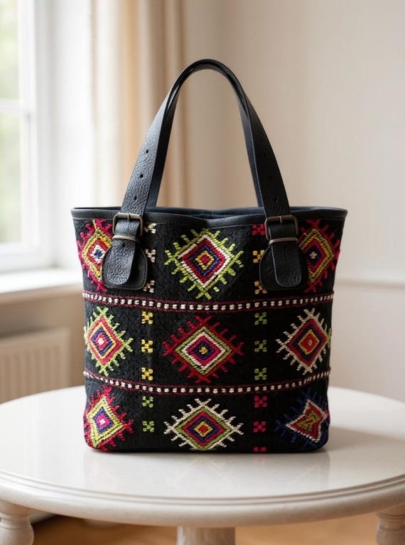 ハンドメイド刺繍ショルダーバッグ - 麻にウール、レザー ハンドメイド刺繍ショルダーバッグ - 麻にウール、レザー