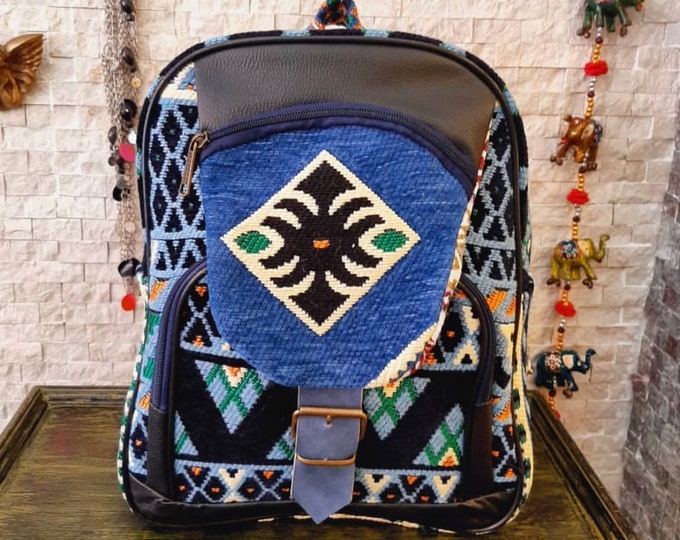 Blue Rug Unisex Backpack, Strong Zippered Sport Bag, Hiking Rucksack, Walking Bag, Personalized Birthday Gift Idea For Her, Ethnic Pattern