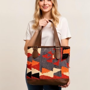 Woven Carpet Tote Learher Bottom, Adjustable Buckle Shoulder Strap, Unique Local Product, Pastel Soft Color, Timeless One-of-a-kind Bag Her