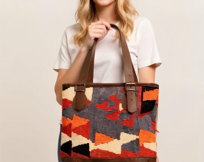 Woven Carpet Tote Learher Bottom, Adjustable Buckle Shoulder Strap, Unique Local Product, Pastel Soft Color, Timeless One-of-a-kind Bag Her