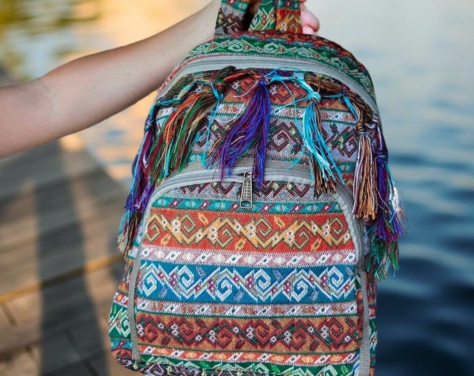 Handmade Rug Backpack: Pastel Green Bohemian Tassel Bag