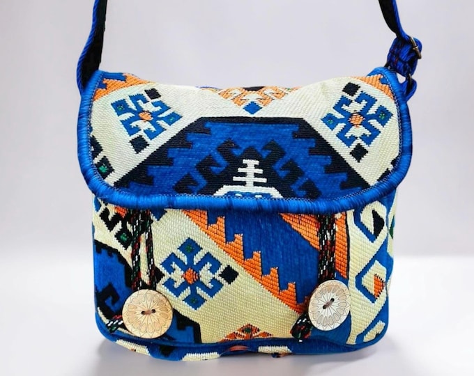 Navy Blue Rug Messenger Bag, Utulity Casual Shoulder Bag Her, Ethnic Kilim Boho Bag, MyraBag Weekend Crossbody, Personalized Gift For Sister