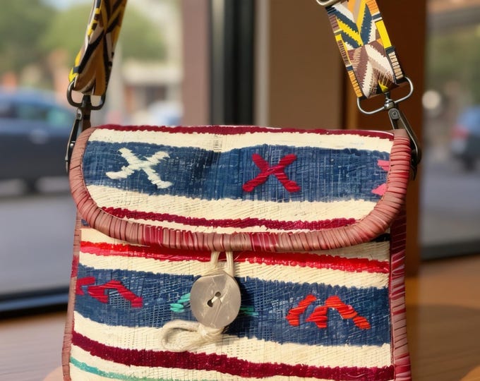 Natural Wool Pale Rug Mini Sling Bag, Adjustable Guitar Strap Purse, Navajo Design Chest Bag, Unique Personalized Gift For Boho Lover Women