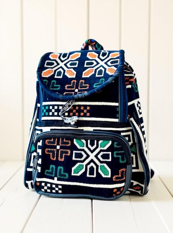 Navy Rug Personalized Rucksack, Large Compartment Unique Backpack, Artisan Crafted One-of-a-kind Bag, Weekend Travel Bag, Gift Idea For Her