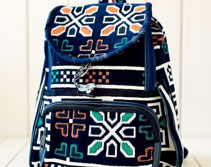 Navy Rug Personalized Rucksack, Large Compartment Unique Backpack, Artisan Crafted One-of-a-kind Bag, Weekend Travel Bag, Gift Idea For Her