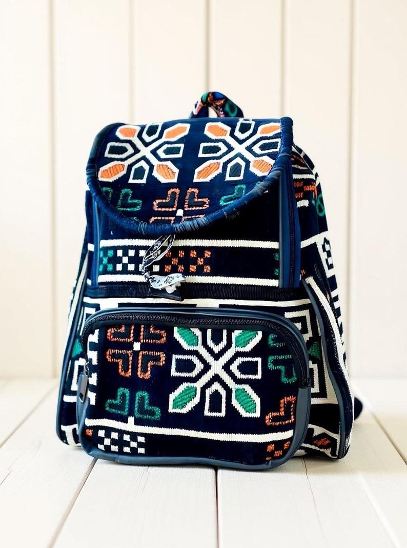 Navy Rug Personalized Rucksack, Large Compartment Unique Backpack, Artisan Crafted One-of-a-kind Bag, Weekend Travel Bag, Gift Idea For Her image 1