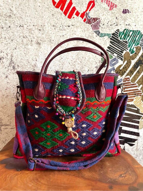 Handmade Navajo Wool Tote Bag – Large Rug & Leather Shoulder 