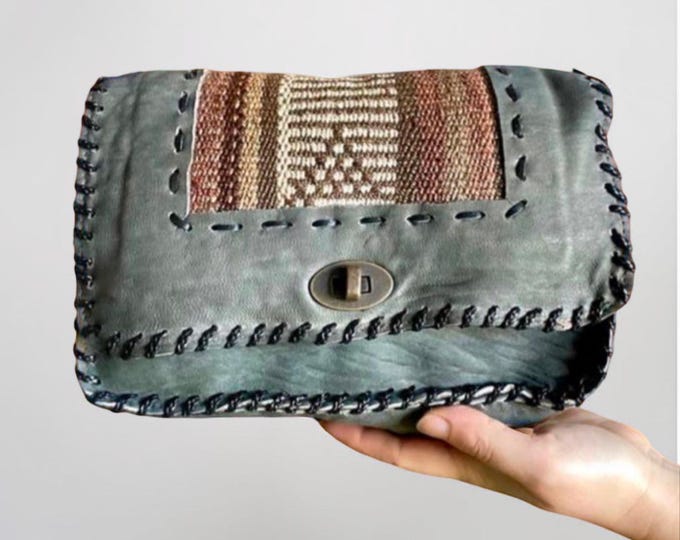 Gray Genuine Leather Messenger Bag, Rug Detailed Handmade Cowhide Crossbody, Front Flap Sling Boho Style Bag, Gift For Myself  Her