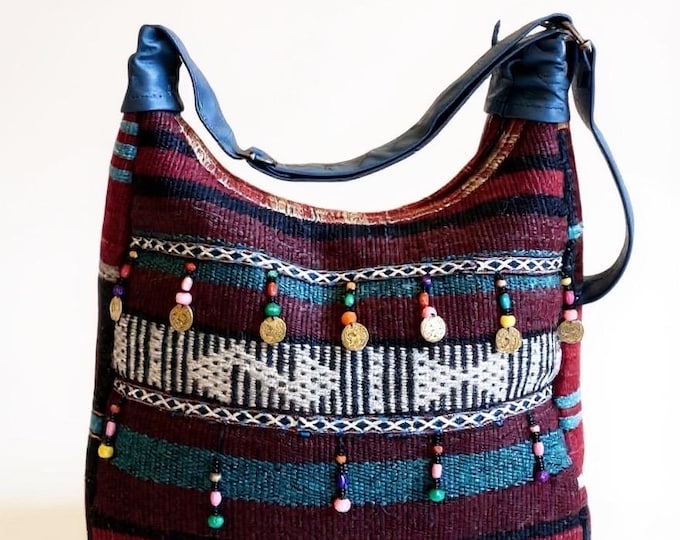 Bohemian Handmade Shoulder Bag – Wool Rug & Leather Crossbody Purse – Unique Gift for Her, Boho Chic Festival Bag
