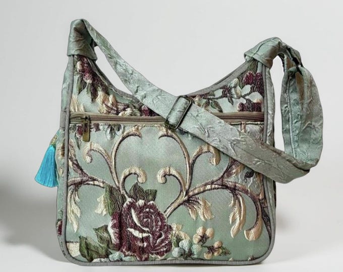 Victorian Style Soft Blue Fabric Foldable Bag For Women, Embossed Rose Pattern Satin Shiny Shoulder Bag, Personalized Winter Gift For Wife