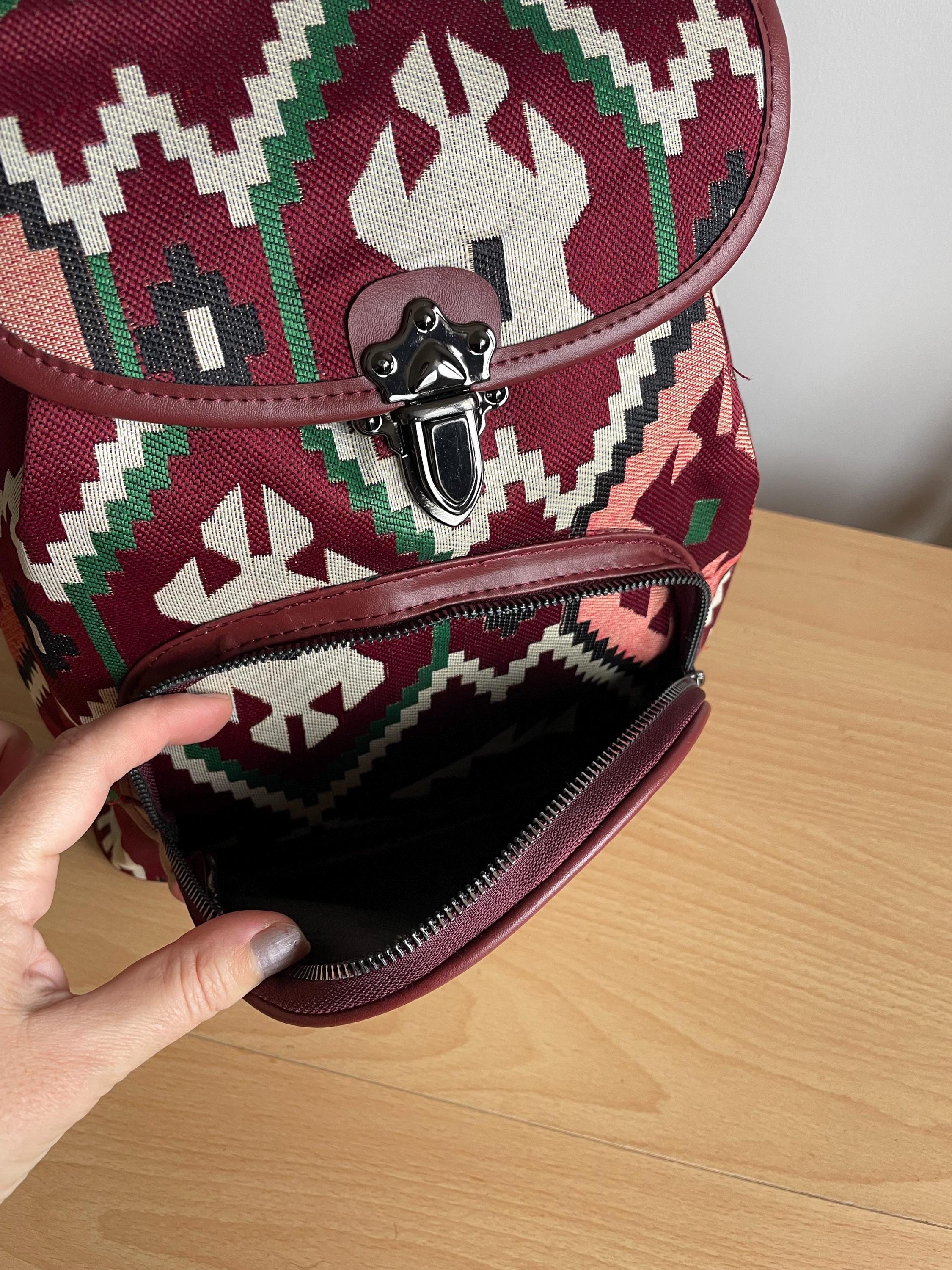 Burgundy Fabric Backpack: Ethnic Tribal Pattern Rucksack 