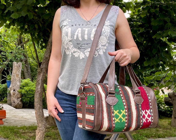 Handmade Kilim Duffel Bag – Wool Rug & Genuine Leather Travel Bag with Guitar Strap, Boho Gym Tote, Personalized Gift for Women