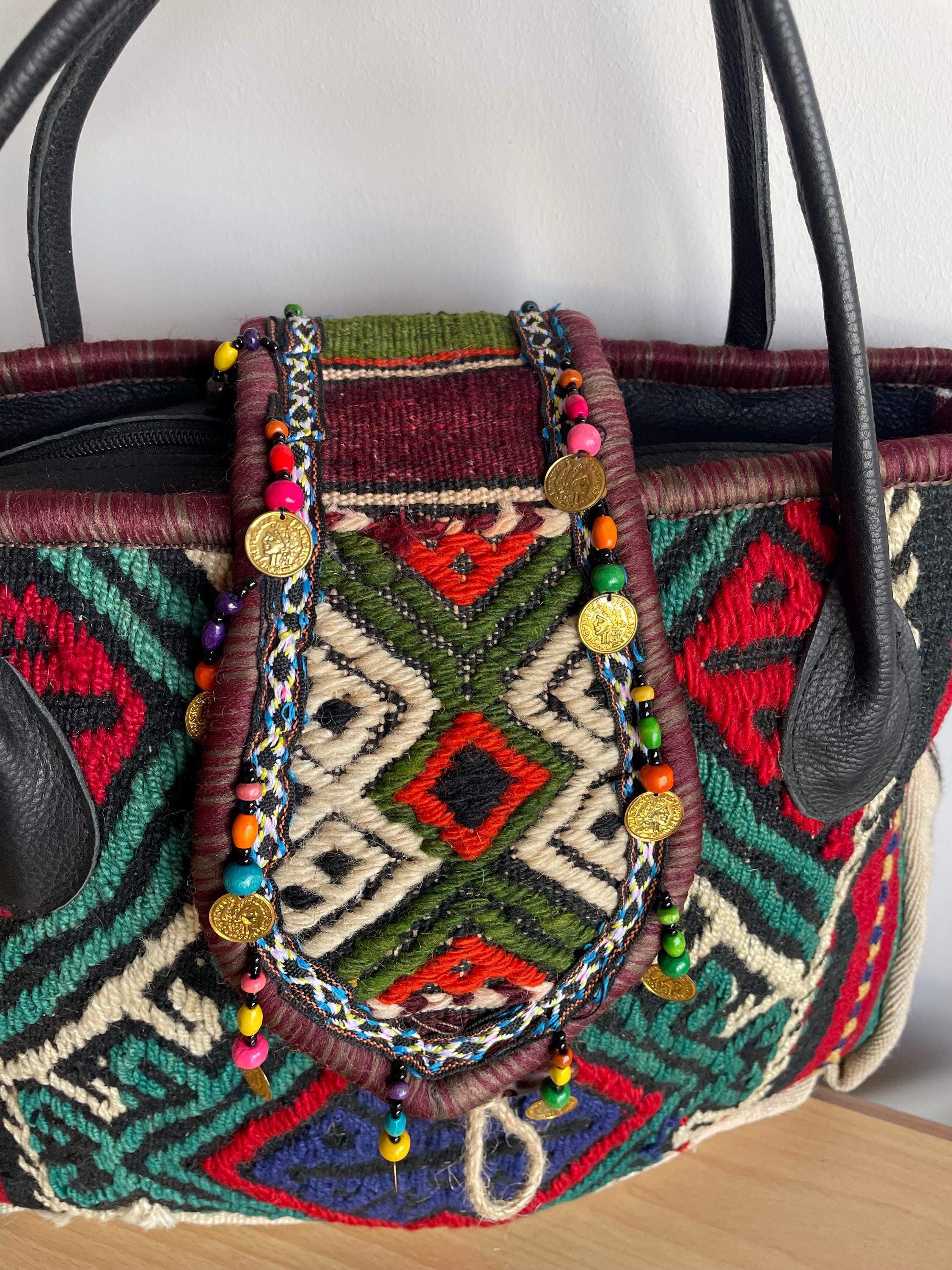 Handmade Navajo Wool Tote Bag – Large Rug & Leather Shoulder  display picture 3