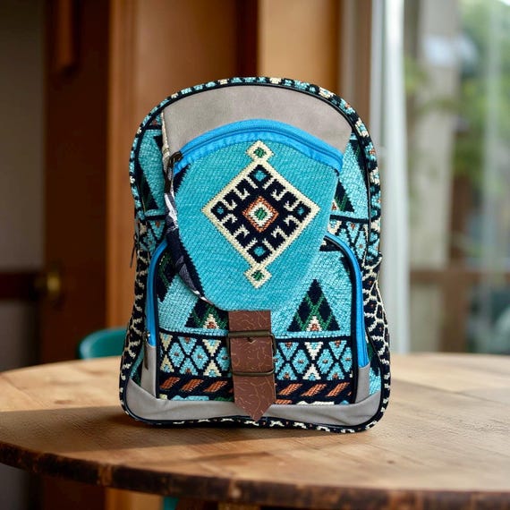 Turquoise Rug Backpack, Blue Strong Weekender Rucksack  display picture 1