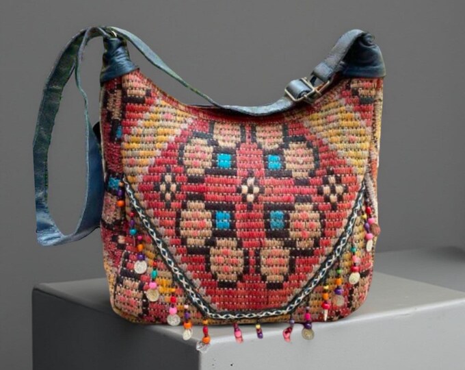 Natural Pale Color Wool Beaded Shoulder Bag, Hand-woven Rug And Genuine Leather Crossbody Bag For Women, Bohem Style Tote Bag For Women