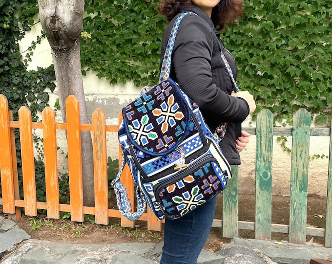 Navy Tapestry Backpack: Stylish Rug Fabric Bag, Travel Backpack