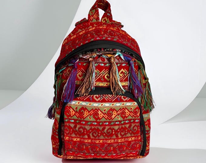 Velvet Red Kilim Motif Hand-made Tassel Backpack, Large Casual Bag, Sport Rucksack Her, Personalized Name Tag Gift, Gypsy Style Bohochic Bag