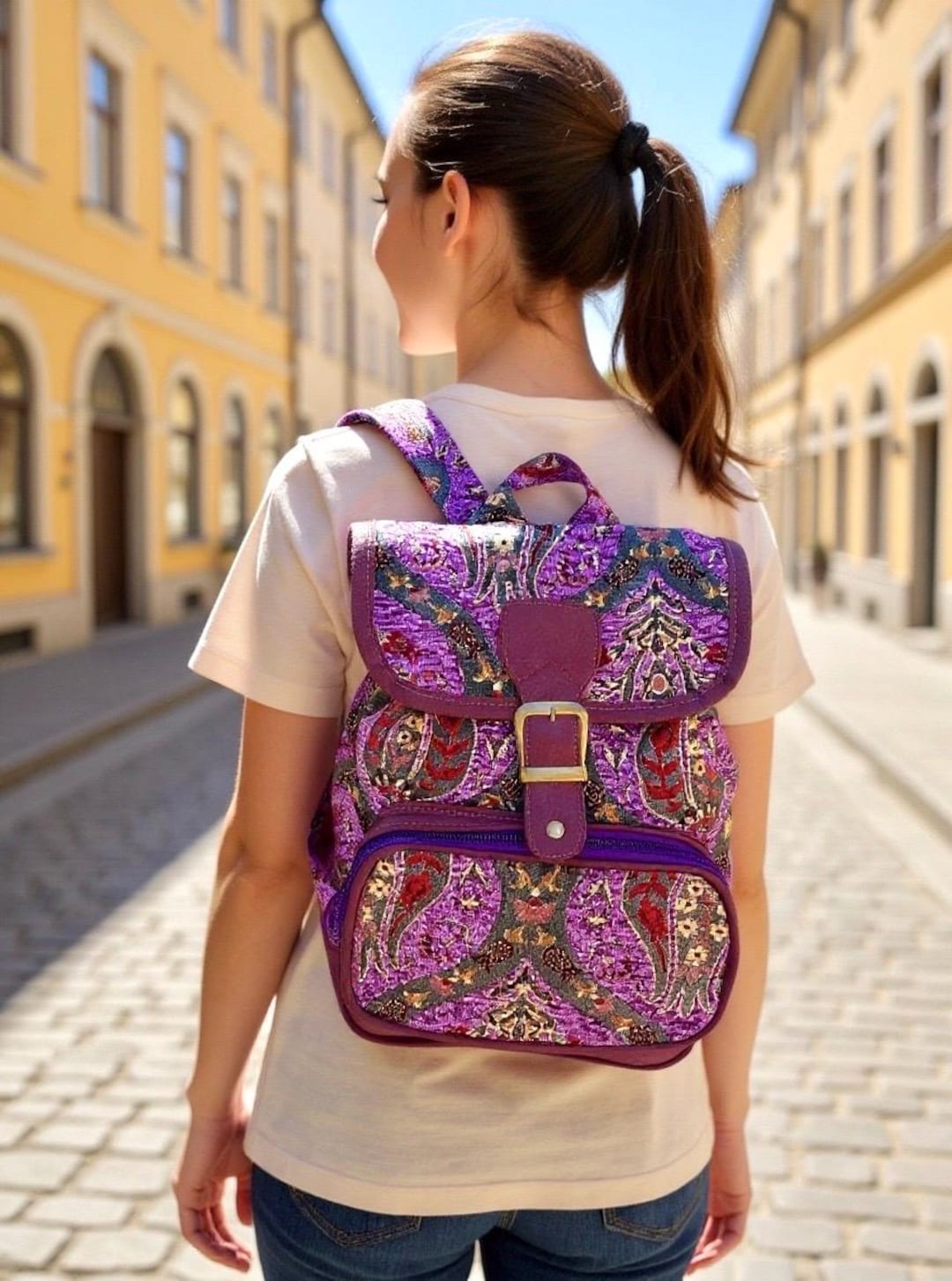Floral Pattern Purple Backpack: Handmade Drawstring Rucksack ...
