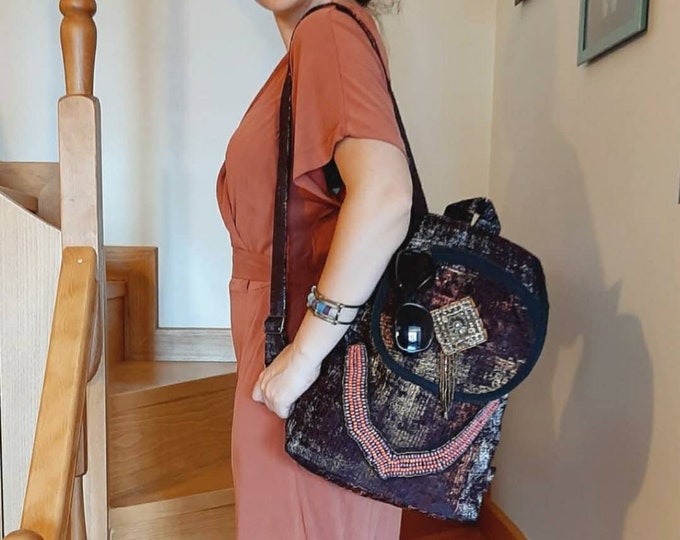 Antique Looking Fabric Large Backpack For Her, Wobble Beaded Accesory Brown Metalic Effect Rucksack, Elegant Looking Bag, Mother's Day Gift