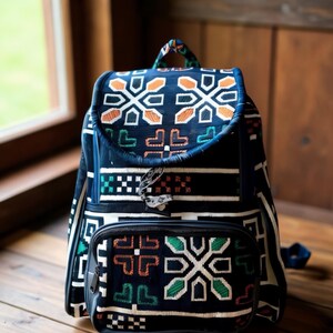 Navy Rug Personalized Rucksack, Large Compartment Unique Backpack, Artisan Crafted One-of-a-kind Bag, Weekend Travel Bag, Gift Idea For Her image 3