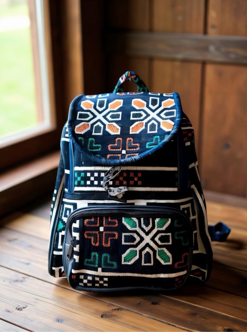 Navy Rug Personalized Rucksack, Large Compartment Unique Backpack, Artisan Crafted One-of-a-kind Bag, Weekend Travel Bag, Gift Idea For Her image 3