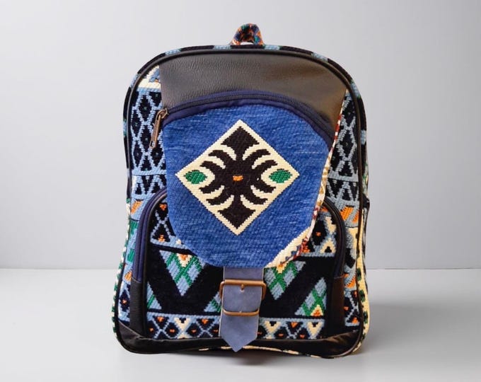 Blue Rug Unisex Backpack, Strong Zippered Sport Bag, Hiking Rucksack, Walking Bag, Personalized Birthday Gift Idea For Her, Ethnic Pattern