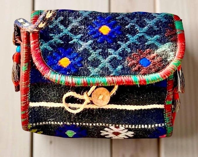 Personalized Black Kilim Sling Bag For Women, Handwoven Rug Mini Bag, Crossbody For Bestfriend, Unique Gift For Sister, Mother's DayGift