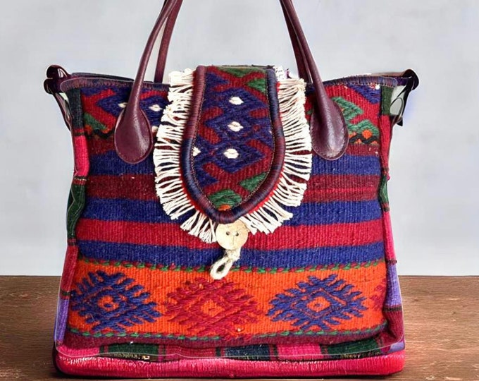 Handmade Boho Tote Bag – Wool Kilim with Tassels & Genuine Leather Handles, Large Crossbody Purse, Unique Gift for Women