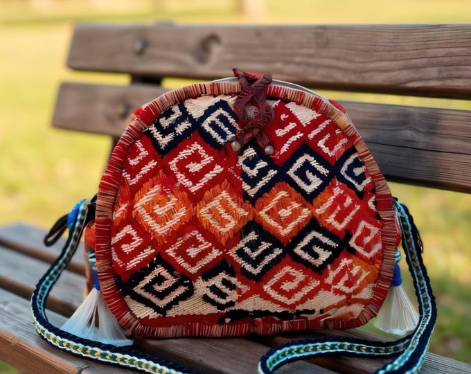 Handmade Oval Kilim Bag – Boho Crossbody with Tassels & Evil Eye Beads | Unique Rug Purse, Gift for Her, Birthday, Anniversary, Mother’s Day