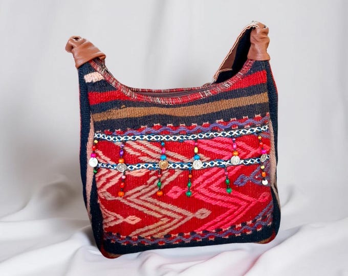 Handmade Navajo Rug Bag – Boho Festival Crossbody, Genuine Leather Strap Purse, Unique Tribal Shoulder Bag, Personalized Gift for Her