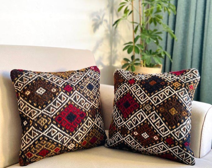Hand Woven Antique Kilim Carpet Rug Cushion Cover Set, Decoration, Set Of 2 Pillow Cover, Cosy Home, Living Room Decor, Mother's Day Gift