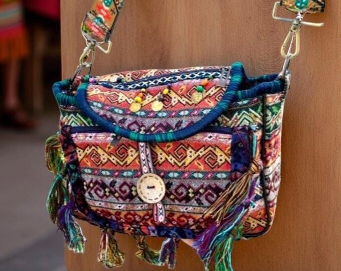 Personalized Ethnic Pattern Multicolor Kilim/Rug Fabric Tassel Messenger Bag, Wearable Fringe Crossbody, Fall Fashion Birthday Gift Her