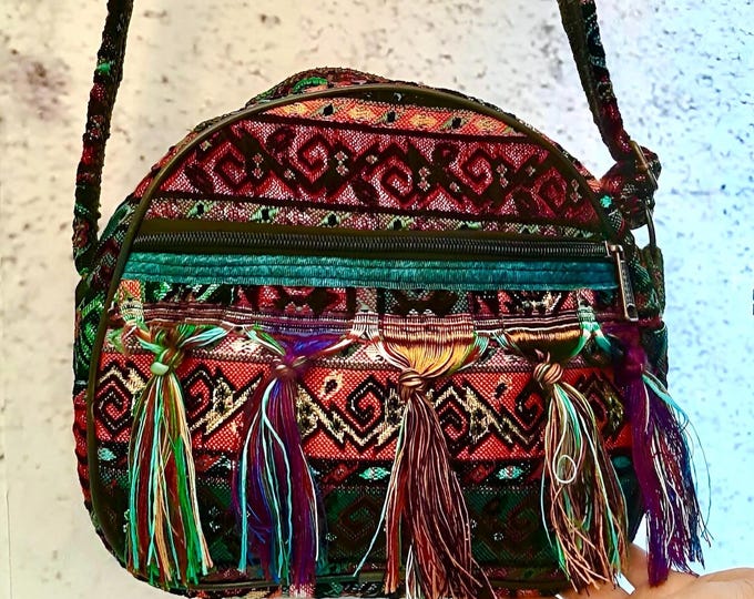 Personalized Handmade Crossbody Bag, Vintage Rug Pattern Fabric, Tassel Ethnic Pattern Oval Bag, Fringe Shoulder Unique Bag, Gift For Sister