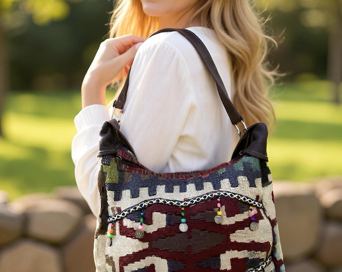 Boho Kilim Shoulder Purse: Handmade Wool Crossbody Leather Strap, Christmas Gift For Her, Antique Rug Shoulder Bag, Unique Brown Blue Bag
