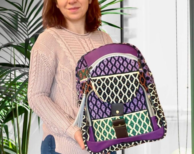 Purple Kilim Multi Pocket Zipper Sport Backpack, Native Ethnic Rug Pattern Strong Liliac Rucksack, Personalized Gift Myself, Girlfriend