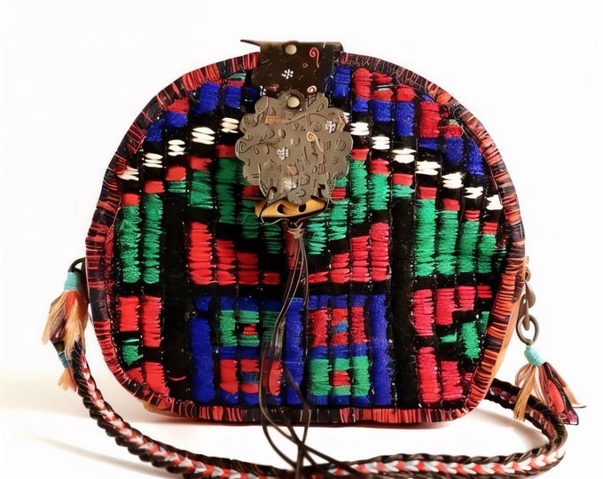 Bohemian Rug Crossbody Bag: Natural Wool Shoulder Purse, Leather Detail