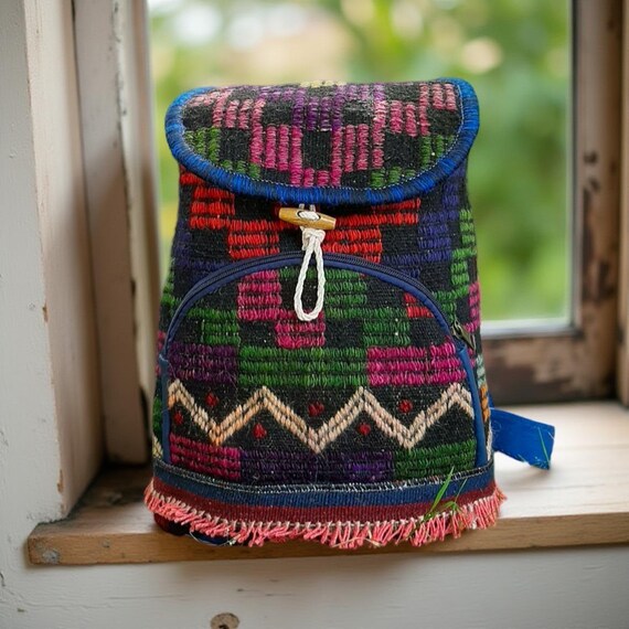 Red Kilim Tapestry Wool Fabric Black Leather Trim Drawstring Small Mini Backpack Vintage | Bags | Red Kilim Tapestry Wool Fabric Black  main image 4