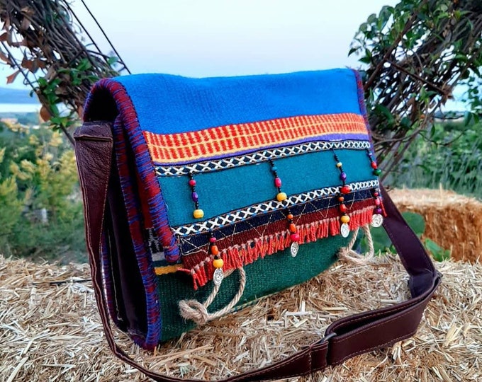 Beaded Vibrant Blue Color Rug Side Bag, Genuine Leather Strap Casual Tassel Bag, Gypsy Soul Boho Bag, Birthday Gift Her, Personalized Gift