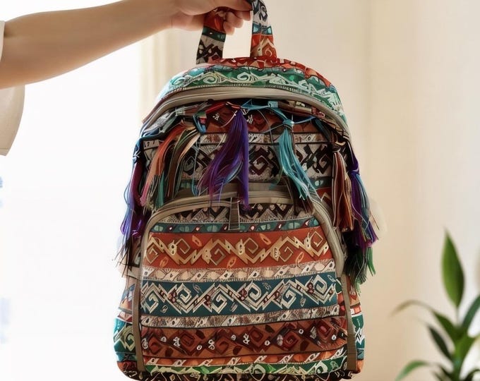 Handmade Rug Backpack: Pastel Green Bohemian Tassel Bag