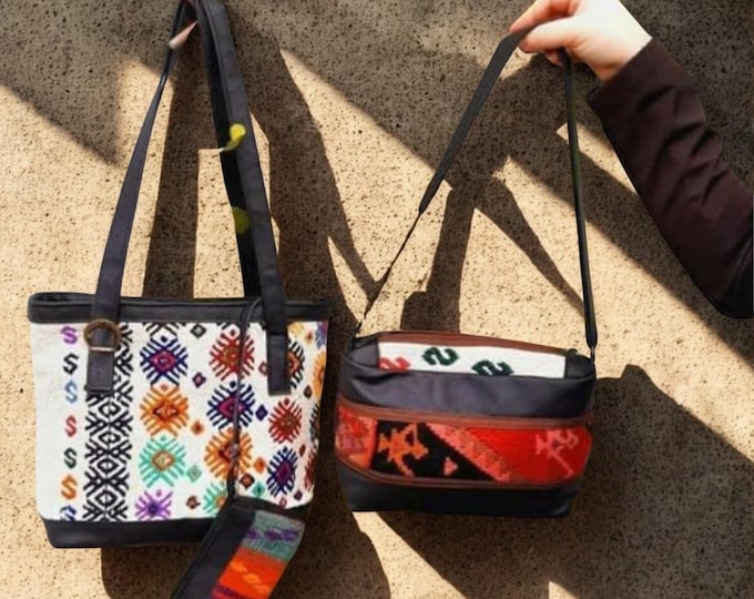 Boho Kilim Bag Set: Leather Tote, Crossbody & Wallet