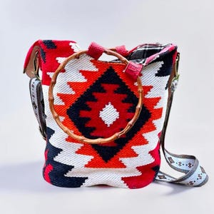 Kilim Tote Bag: Tribal Aztec Print, Bamboo Handle, Boho Shoulder Bag