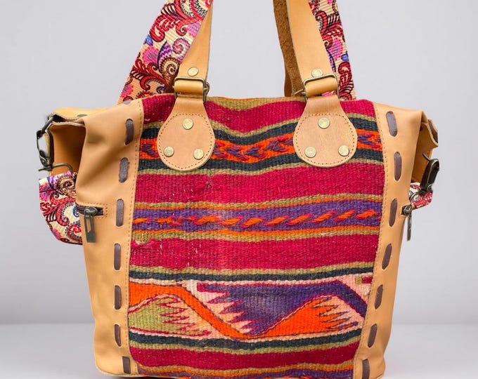 Navajo Tote Bag, Replacement Strap Shoulder Bag From Natural Woven Wool Rug, Red and Tan Color Striped Hand Bag, Personalized Gift For Mom