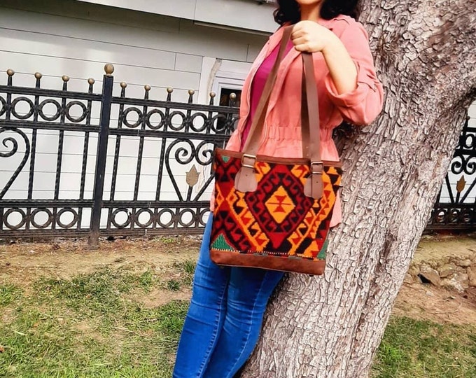 Handmade Shoulder / Hobo Bag With  Addjustable Genuine Leather Strap from Vintage hand-woven kilim Mother's Day Gift for her