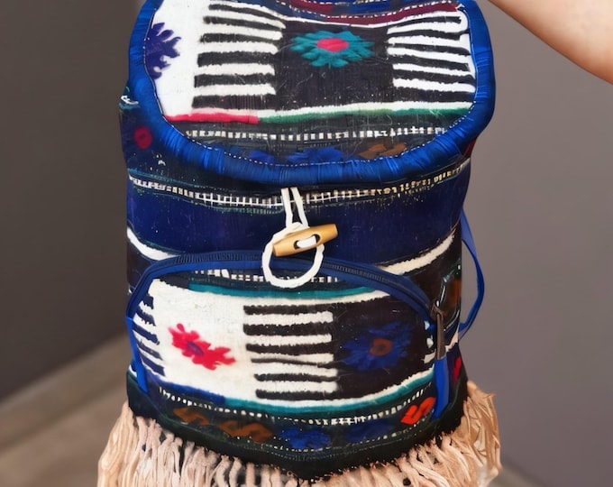 Handwoven Kilim Backpack: Bohemian Rug Bag with Leather Straps