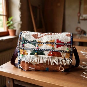 Handwoven Rug Shoulder Bag: Beaded Antique Boho Purse