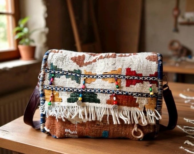 Handwoven Rug Shoulder Bag: Beaded Antique Boho Purse